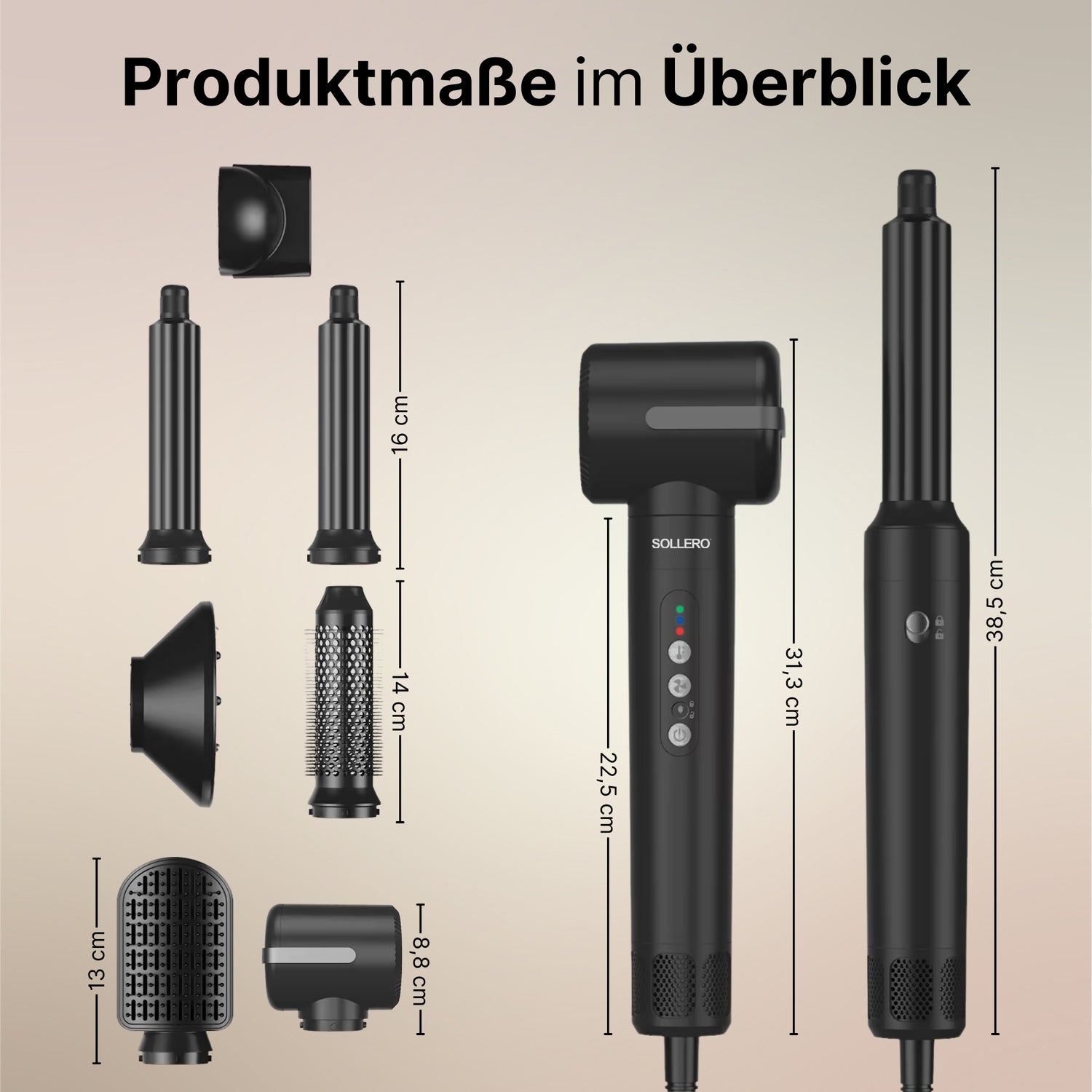 Sollero 7 in 1 Airstyler Produktmaße - Kompakte Abmessungen für einfache Handhabung