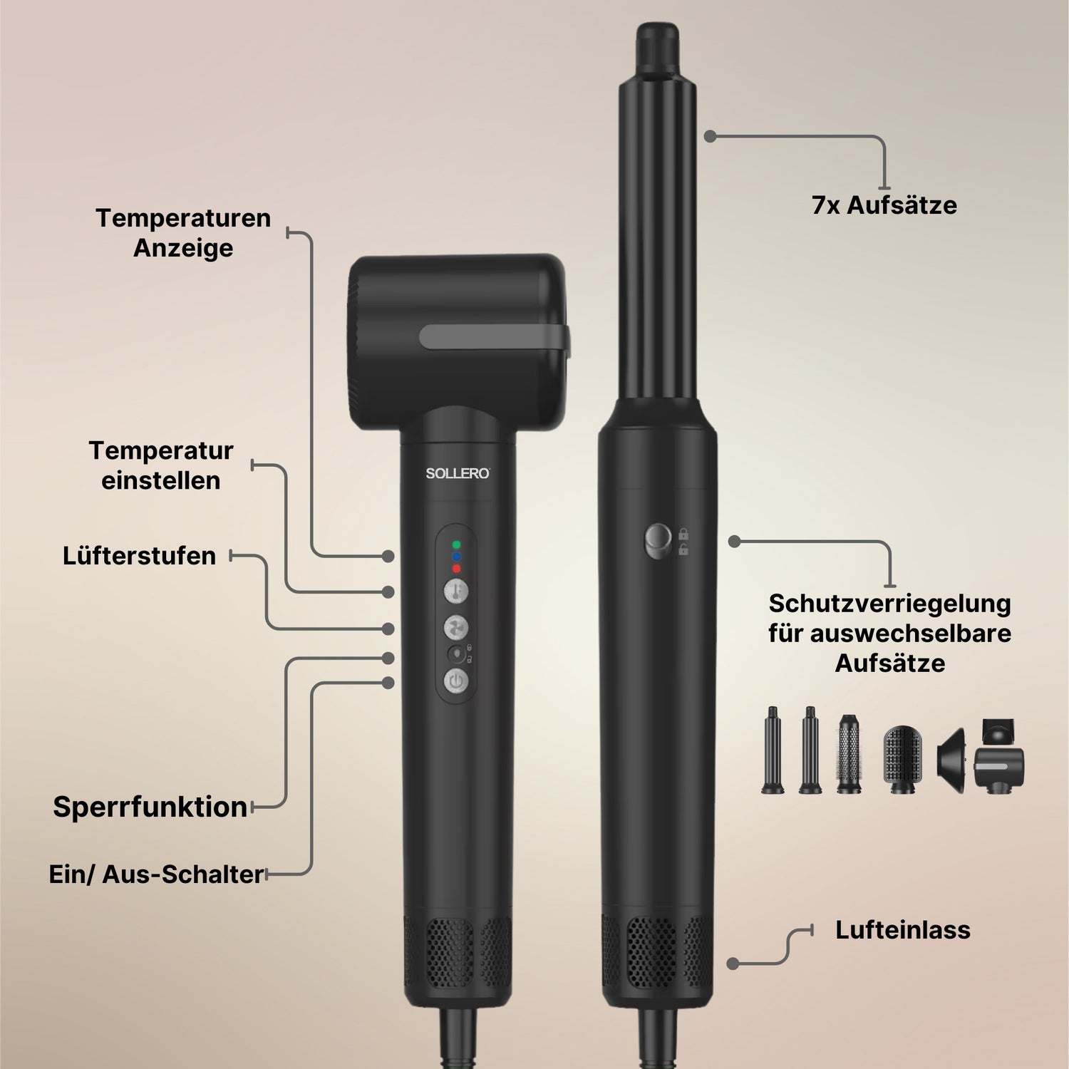 Sollero 7 in 1 Airstyler - Temperaturanzeige mit 7 austauschbaren Aufsätzen und Sicherheitsverriegelung